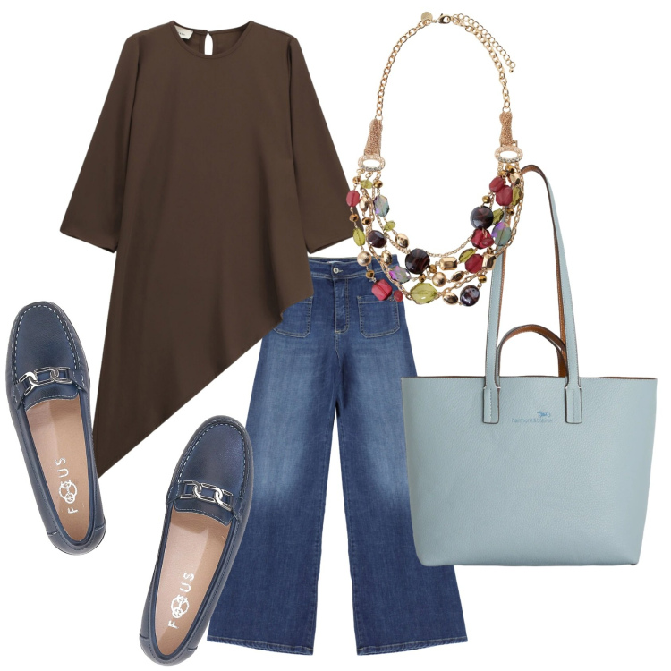 Outfit donna - Blusa e denim. Stile Casual chic per Tutti i giorni. Abbinamento con shopping bag, jeans, collane, bluse, mocassini.