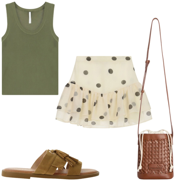 Outfit donna - Vado in giro. Stile Trendy per Tutti i giorni. Abbinamento con sandali, minigonne, canottiere, borse a secchiello.