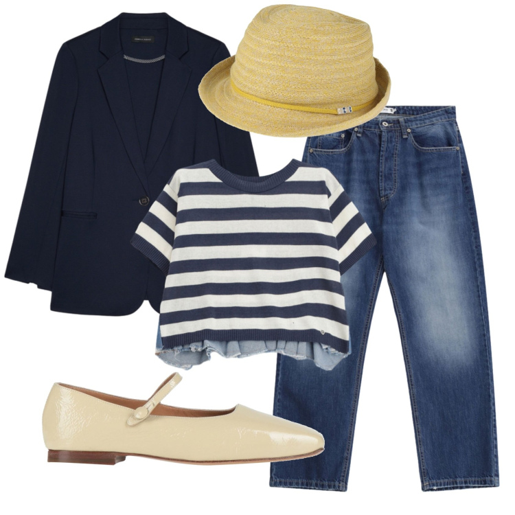 Outfit donna - Total look #2407350. Stile Casual per Tutti i giorni. Abbinamento con ballerine, cappelli, t-shirt, jeans dritti, blazer.