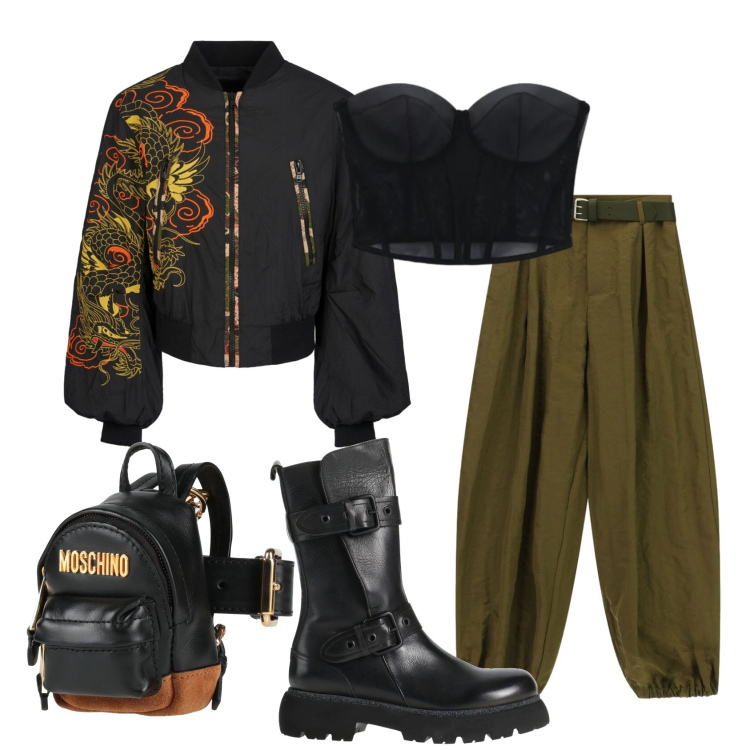Outfit donna - Total look #2407352. Stile Military per Tutti i giorni. Abbinamento con stivaletti, marsupi, top, pantaloni, bomber.