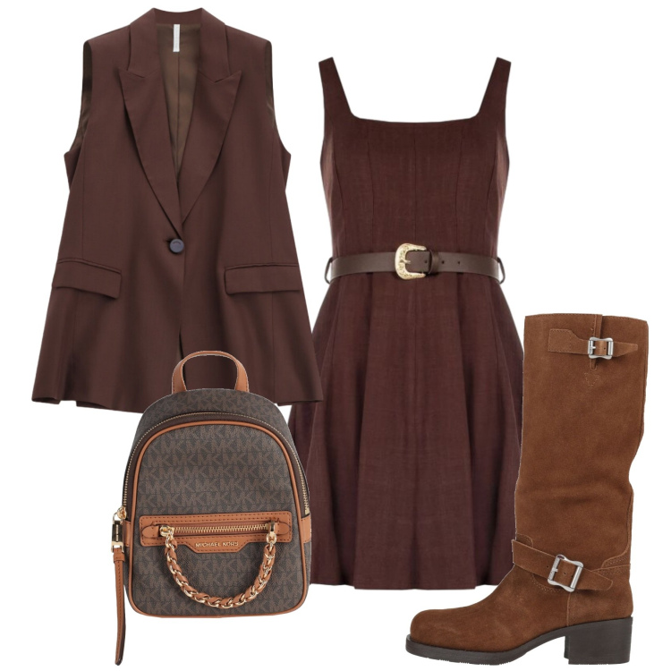 Outfit donna - Total look #2407353. Stile Trendy per Ufficio. Abbinamento con zaini, stivali, gilet, vestiti corti.