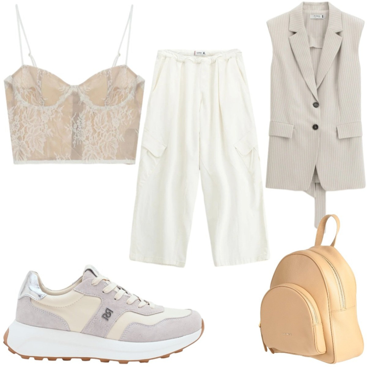 Outfit donna - Blazer smanicato. Stile Casual chic per Ufficio. Abbinamento con zaini, sneakers, canottiere, gilet, pantaloni a palazzo.
