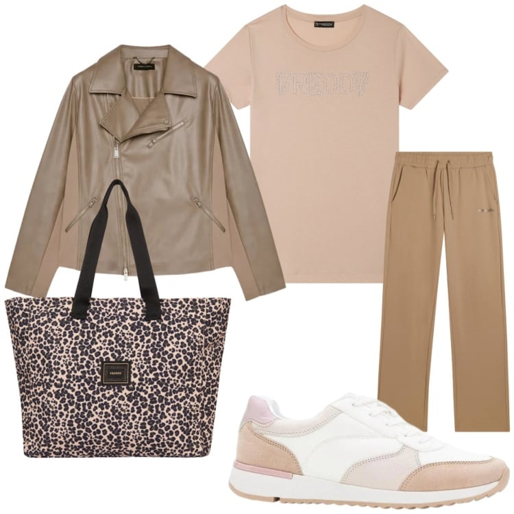 Outfit donna - Color marron glacé. Stile Casual chic per Tutti i giorni. Abbinamento con sneakers, pantaloni, t-shirt, shopping bag, blazer.