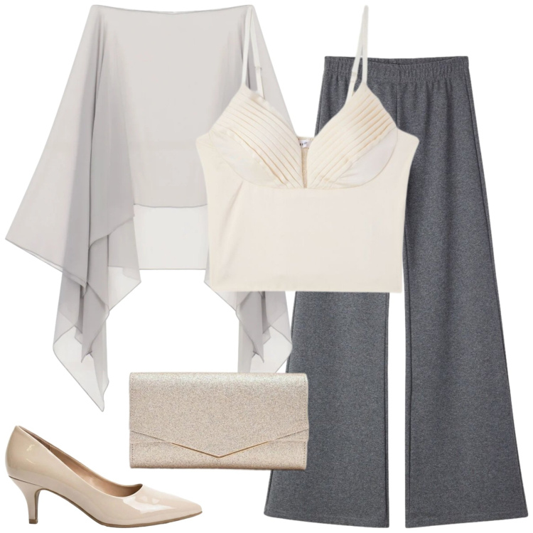 Outfit donna - Perla Urbana. Stile Minimal per Cerimonia. Abbinamento con décolleté, braccialetti, pantaloni, canottiere, clutch, cappe.