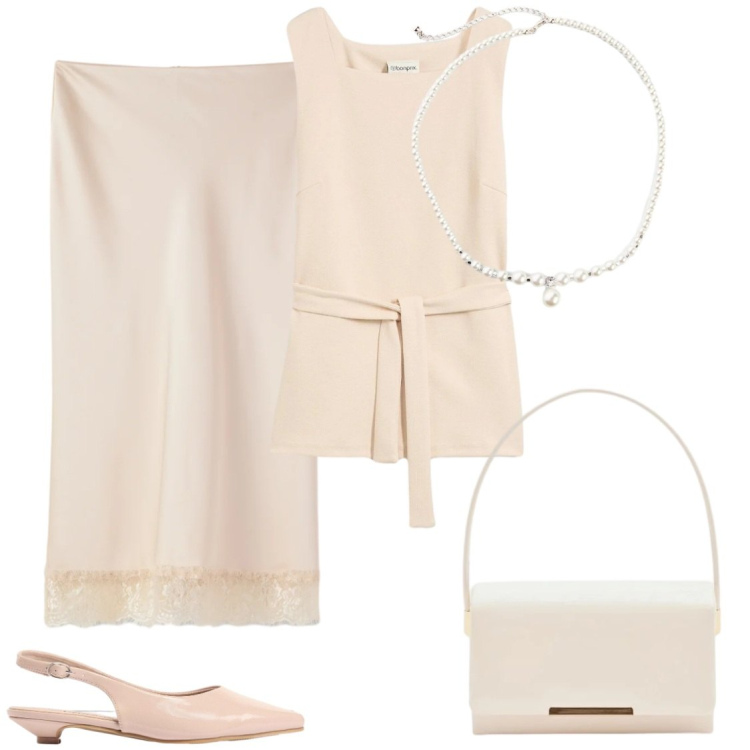 Outfit donna - Girocollo di perle. Stile Bon Ton per Serata fuori. Abbinamento con top, sandali, collane, gonne longuette, pochette.