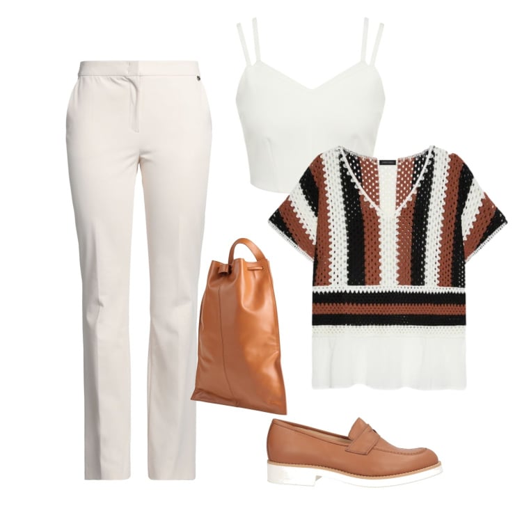 Outfit donna - Soft Beige Mood. Stile Romantica per Tutti i giorni. Abbinamento con pantaloni, mocassini, zaini, top, t-shirt.