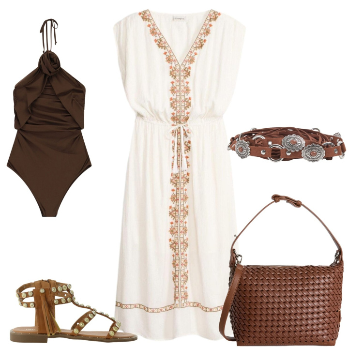 Outfit donna - Giugno a Corfù. Stile Etnico per Tutti i giorni. Abbinamento con vestiti midi/longuette, cinture, costumi interi, sandali, borse a spalla.