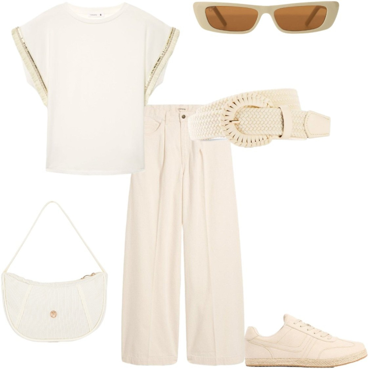 Outfit donna - Il denim beige. Stile Urban per Tutti i giorni. Abbinamento con jeans, sneakers, cinture, t-shirt, occhiali da sole, borse a mano.