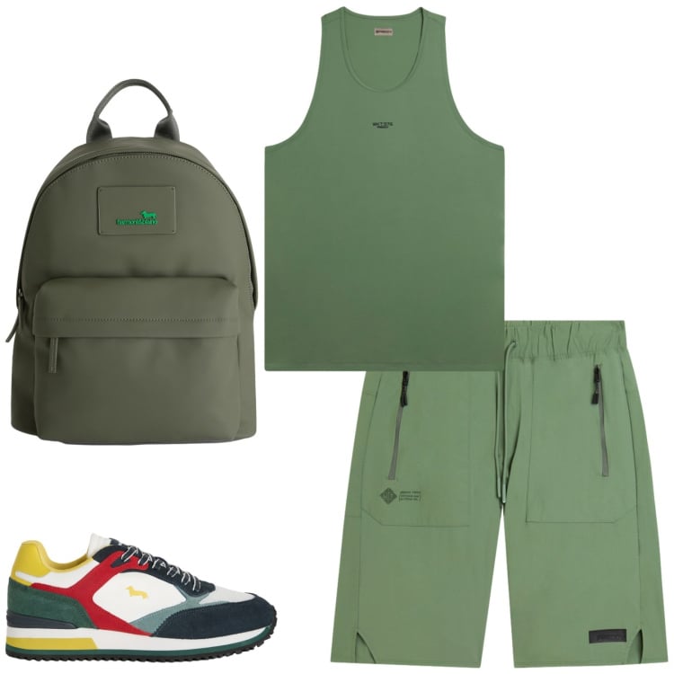 Outfit uomo - Total look #2407373. Stile Urban per Sport. Abbinamento con sneakers, borse sportive, bermuda, canottiere.