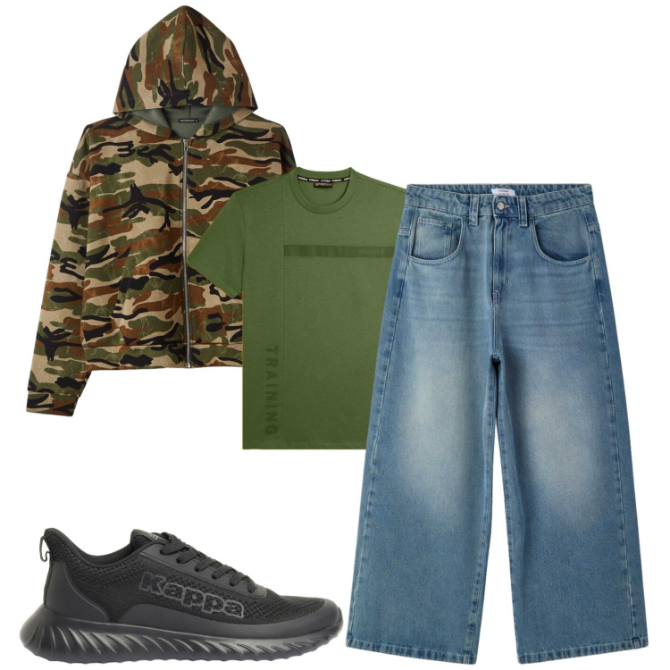 Outfit uomo - Total look #2407374. Stile Trendy per Tutti i giorni. Abbinamento con sneakers, felpe con cappuccio, jeans, t-shirt.