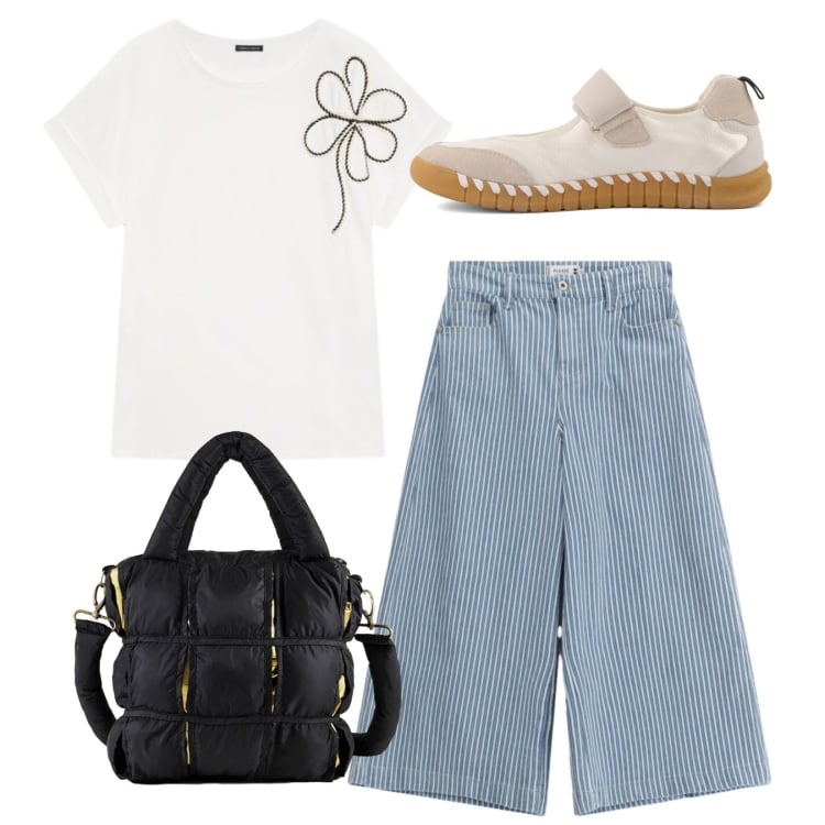Outfit donna - Total look. Stile Casual chic per Tutti i giorni. Abbinamento con jeans, t-shirt, borse a mano, ballerine.