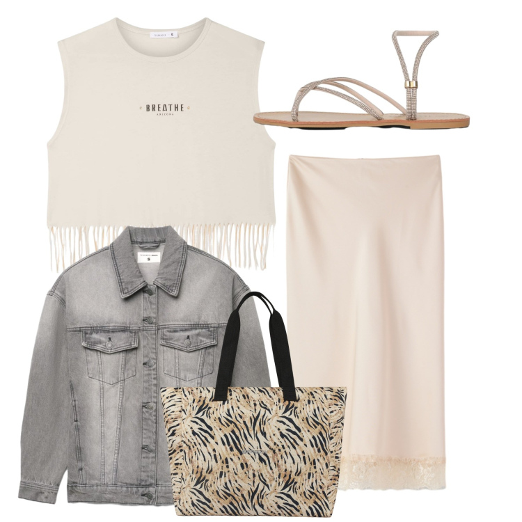 Outfit donna - Total look. Stile Casual chic per Tutti i giorni. Abbinamento con gonne longuette, t-shirt, sandali, cappotti, shopping bag.