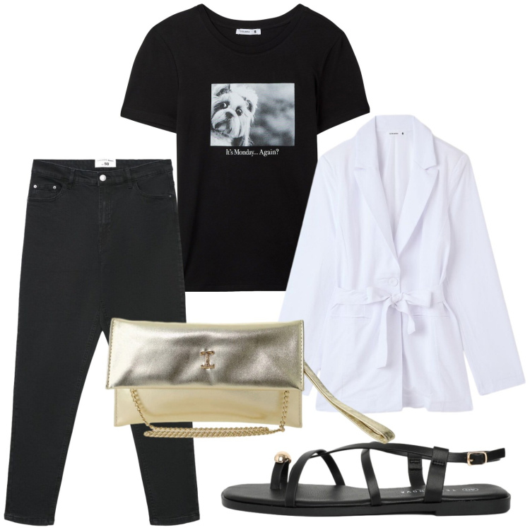 Outfit donna - Stampe che raccontano. Stile Basic per Serata fuori. Abbinamento con jeans skinny, sandali, blazer, t-shirt, borse a tracolla.