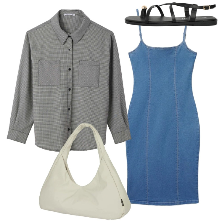 Outfit donna - Total look. Stile Chic per Tutti i giorni. Abbinamento con camicie, vestiti midi/longuette, sandali, borse a spalla.