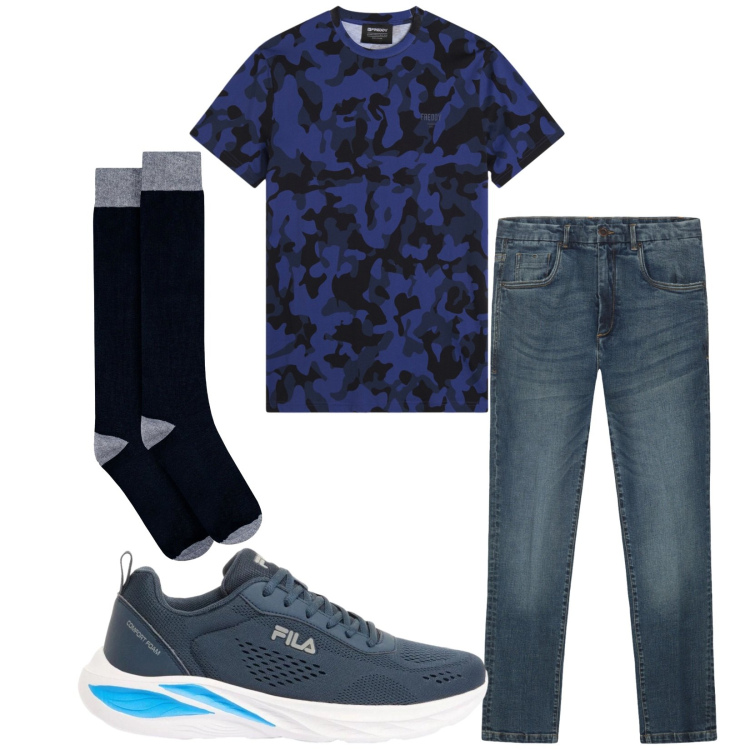 Outfit uomo - Total look #2407386. Stile Casual per Tutti i giorni. Abbinamento con sneakers, t-shirt, calzini, jeans.