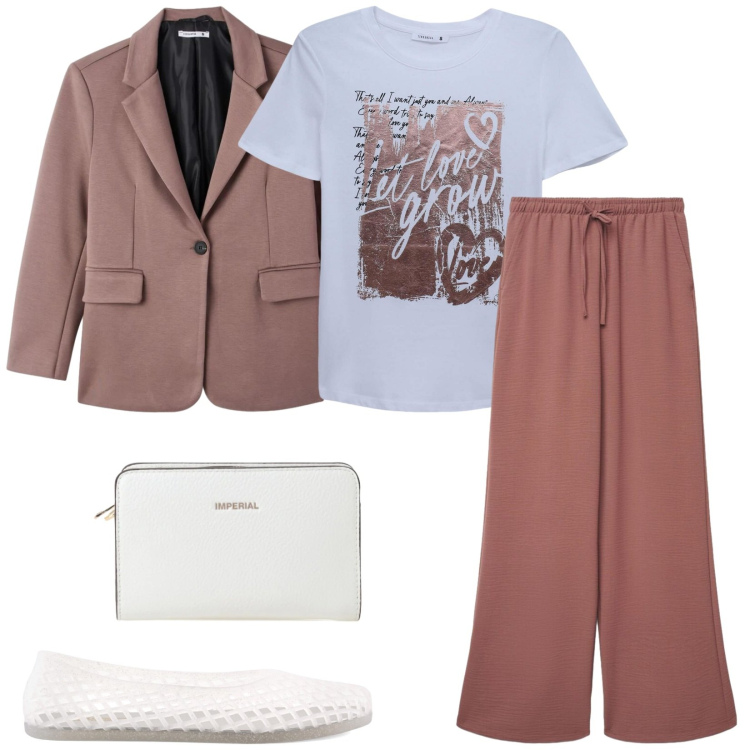 Outfit donna - Total look #2407391. Stile Casual chic per Tutti i giorni. Abbinamento con t-shirt, pantaloni, blazer, borse a tracolla, ballerine.