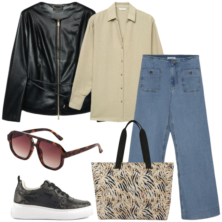 Outfit donna - City. Stile Casual per Tutti i giorni. Abbinamento con occhiali da sole, jeans, camicie, shopping bag, blazer, sneakers.