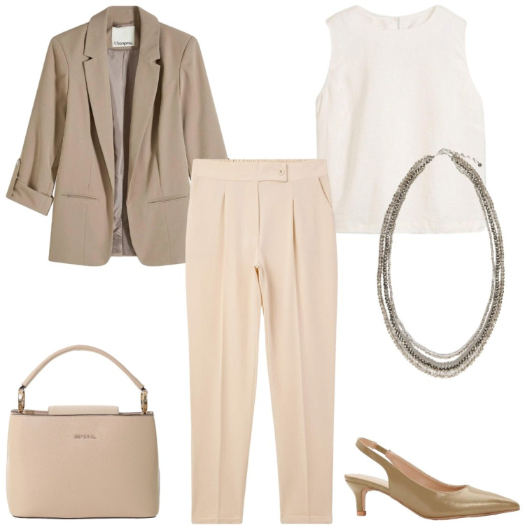 Outfit donna - La regola dei tre. Stile Chic per Ufficio. Abbinamento con blazer, décolleté, canottiere, pantaloni chino, borse a secchiello, collane.