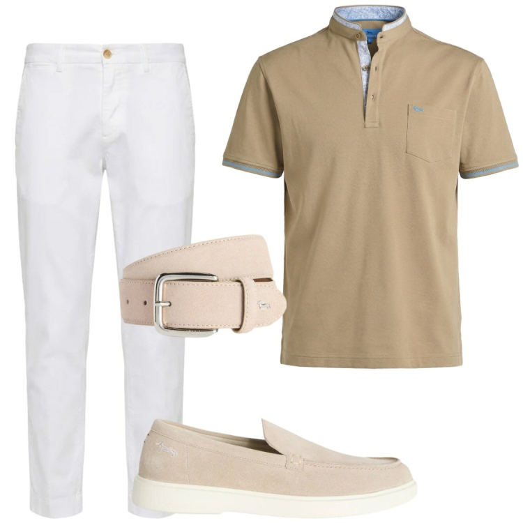 Outfit uomo - Estate. Stile Trendy per Ufficio. Abbinamento con cinture, scarpe stringate, pantaloni chino, polo.