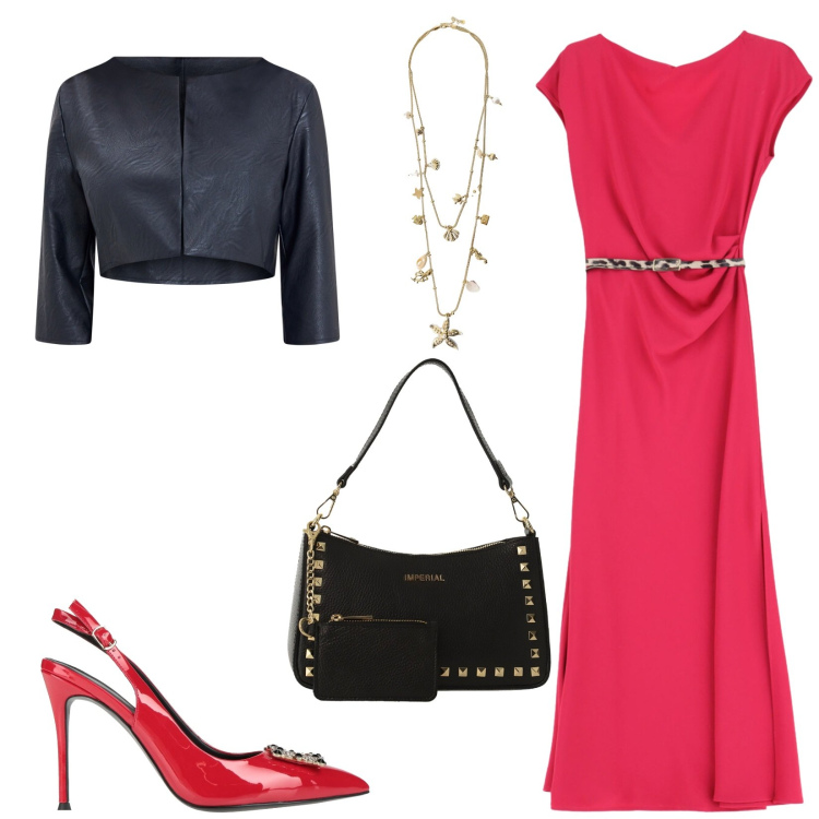 Outfit donna - Total look #2407395. Stile Glamour per Serata fuori. Abbinamento con décolleté, bolero, vestiti midi/longuette, borse a spalla, collane.