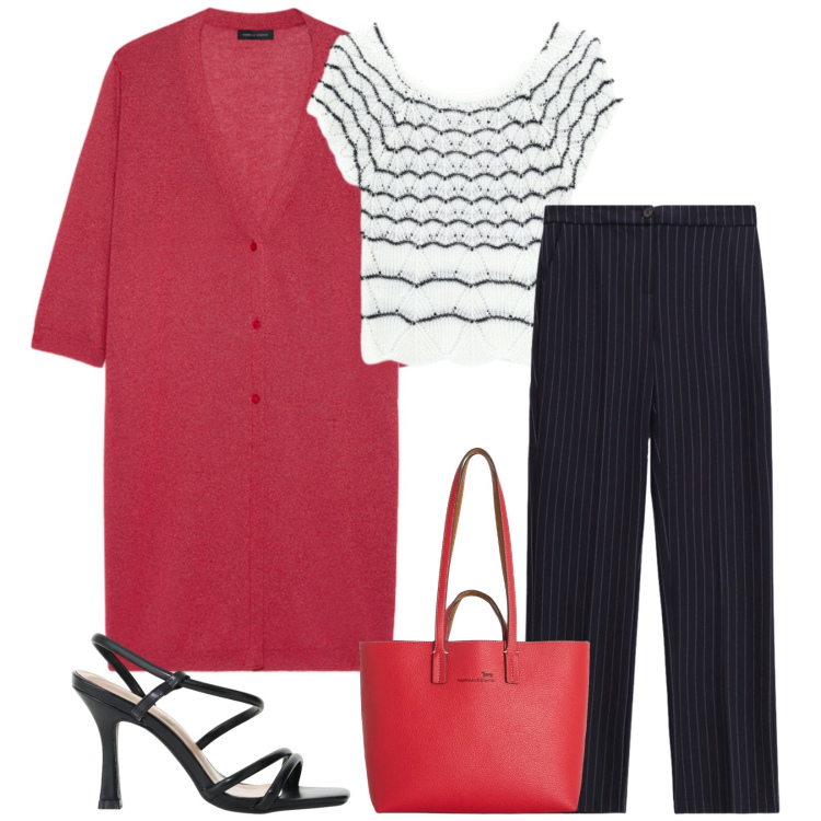 Outfit donna - Total look #2407397. Stile Chic per Ufficio. Abbinamento con sandali col tacco, shopping bag, pantaloni, canottiere, cardigans.