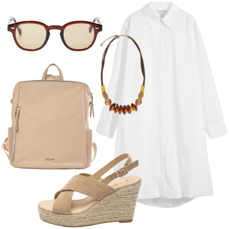 Outfit donna - Caftano e zeppe. Stile Casual chic per Tutti i giorni. Abbinamento con vestiti chemisier, sandali col tacco, zaini, occhiali da sole, collane.