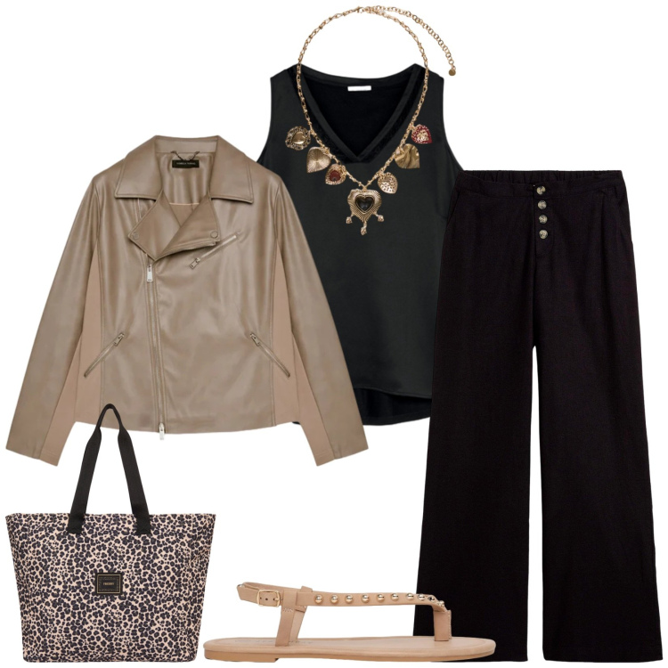 Outfit donna - Total look #2407403. Stile Casual chic per Tutti i giorni. Abbinamento con pantaloni a palazzo, ciabatte, shopping bag, blazer, top, collane.