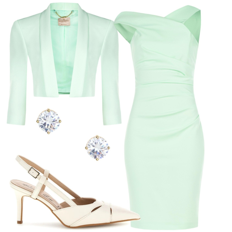 Outfit donna - Verde acqua. Stile Bon Ton per Cerimonia. Abbinamento con vestiti asimmetrici, bolero, orecchini, décolleté.