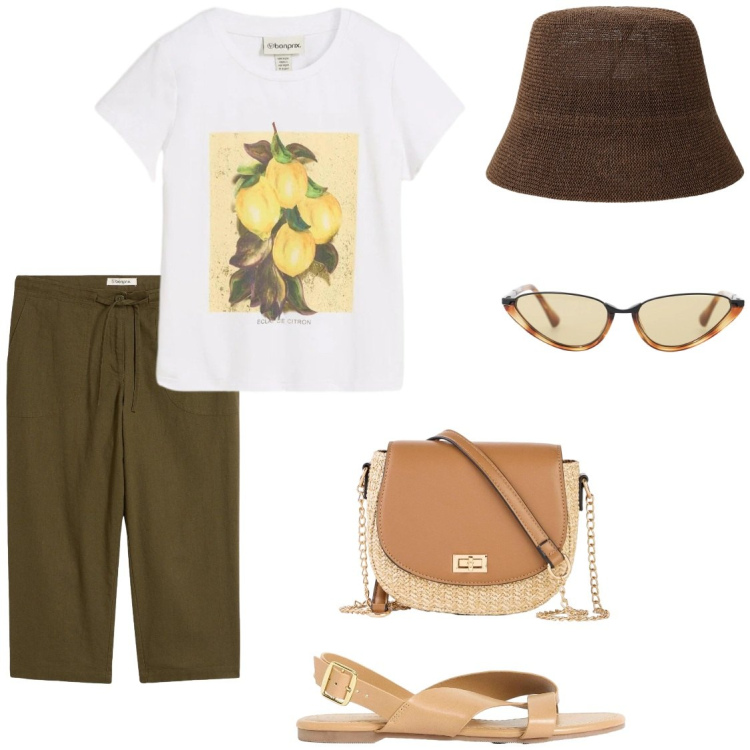 Outfit donna - Il pantalone capri. Stile Casual per Tutti i giorni. Abbinamento con t-shirt, sandali, pantaloni capri, borse a tracolla, cappelli, occhiali da sole.