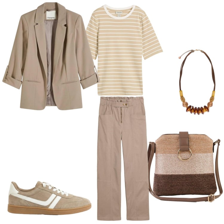 Outfit donna - Comodo sabbia. Stile Casual per Tutti i giorni. Abbinamento con pantaloni cargo, t-shirt, borse a tracolla, blazer, sneakers, collane.