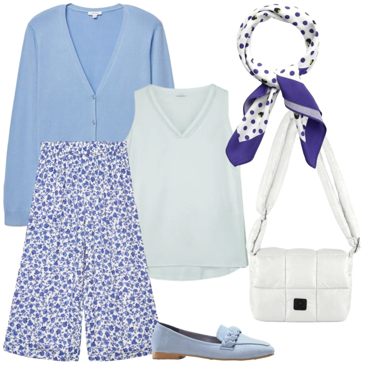 Outfit donna - Confort zone. Stile Casual chic per Tutti i giorni. Abbinamento con mocassini, cardigans, foulard, pantaloni a palazzo, top, borse a spalla.