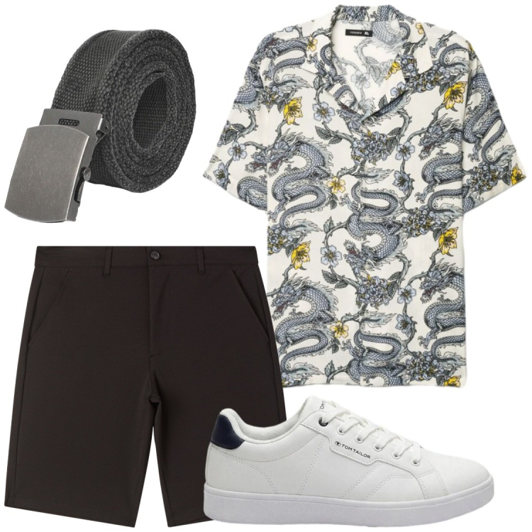 Outfit uomo - Serate estive senza impegni. Stile Trendy per Serata speciale. Abbinamento con sneakers, pantaloni corti, cinture, camicie a manica corta.