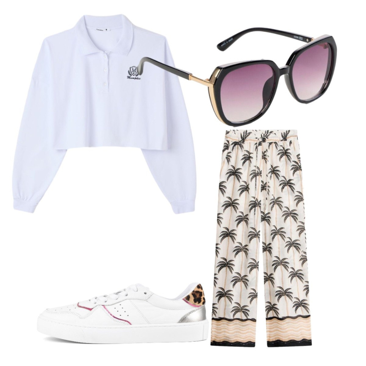 Outfit donna - Urban white. Stile Urban per Scuola/Università. look ideale per Petite. Abbinamento con occhiali da sole, pantaloni a palazzo, polo, sneakers.