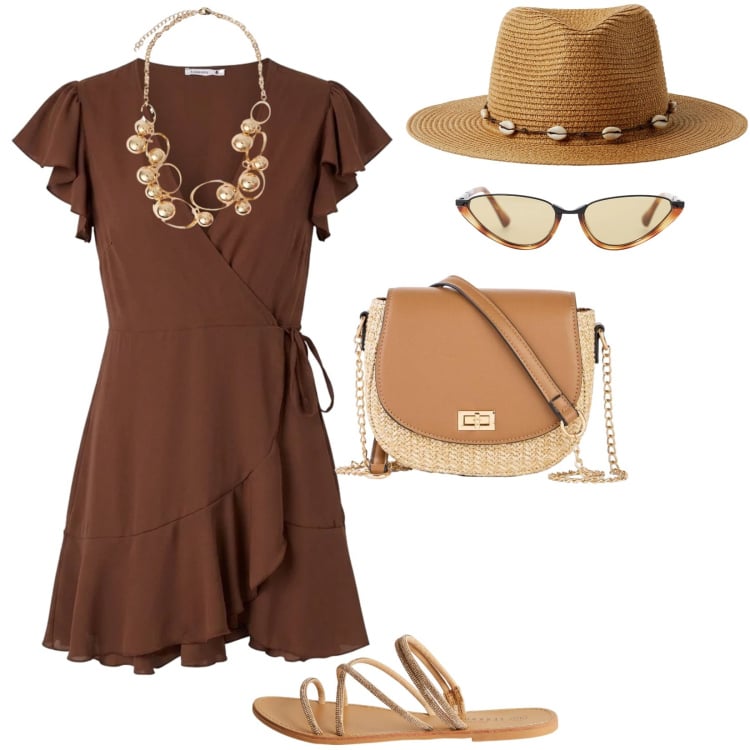 Outfit donna - Vestito incrociato con balze - Marrone. Stile Sexy per Tutti i giorni. Abbinamento con borse a tracolla, vestiti corti, cappelli, sandali, occhiali da sole, collane.