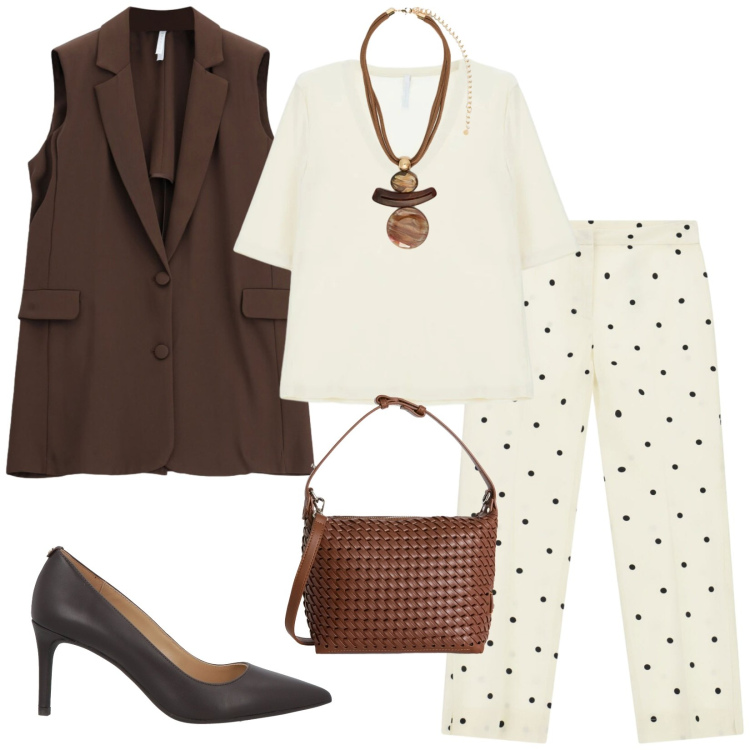 Outfit donna - Total look #2407416. Stile Chic per Ufficio. Abbinamento con décolleté, pantaloni, t-shirt, gilet, borse a spalla, ciondoli.