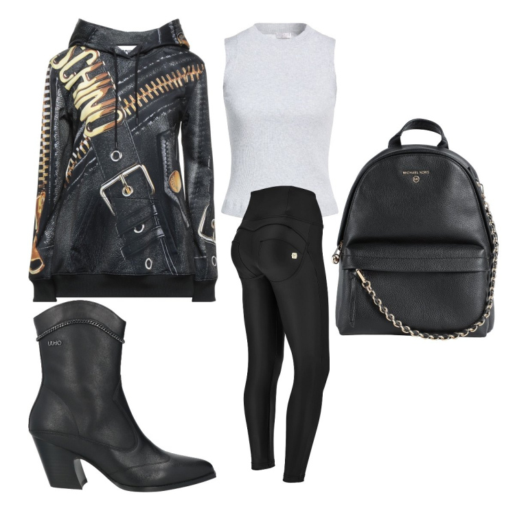 Outfit donna - Pantalone che scolpisce il punto vita. Stile Rock per Tutti i giorni. Abbinamento con felpe con cappuccio, zaini, top, stivaletti, pantaloni skinny.