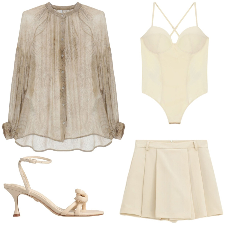 Outfit donna - Total look in beige. Stile Glamour per Serata fuori. Abbinamento con sandali in pelle, shorts, camicie, body.