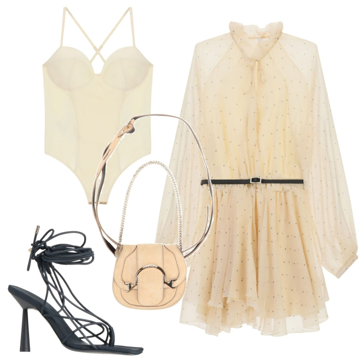 Outfit donna - Invito ad un matrimonio. Stile Glamour per Cerimonia. Abbinamento con marsupi, ciabatte, vestiti corti, body.
