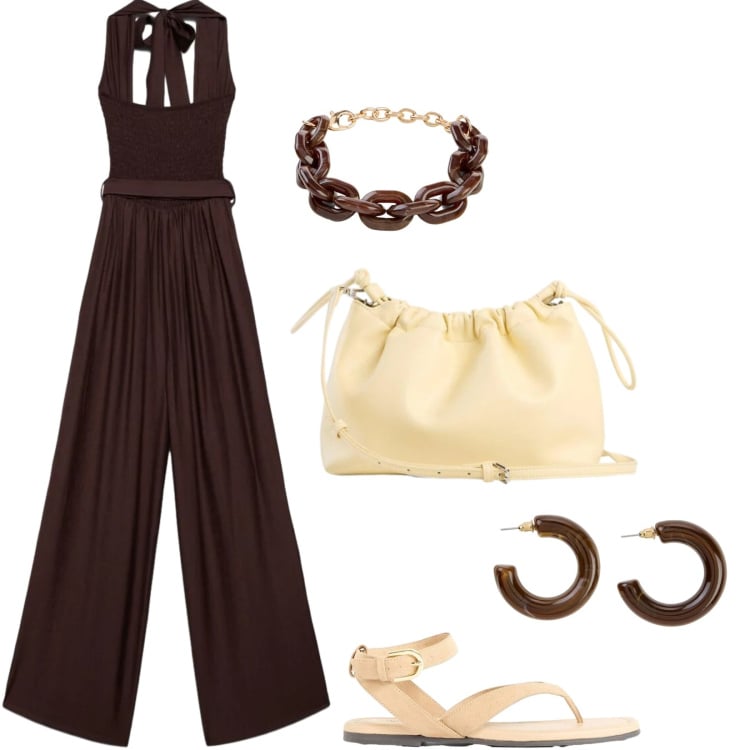 Outfit donna - Tuta dal. Taglio fluido. Stile 70s per Tutti i giorni. Abbinamento con braccialetti, borse a tracolla, sandali, orecchini, tute.