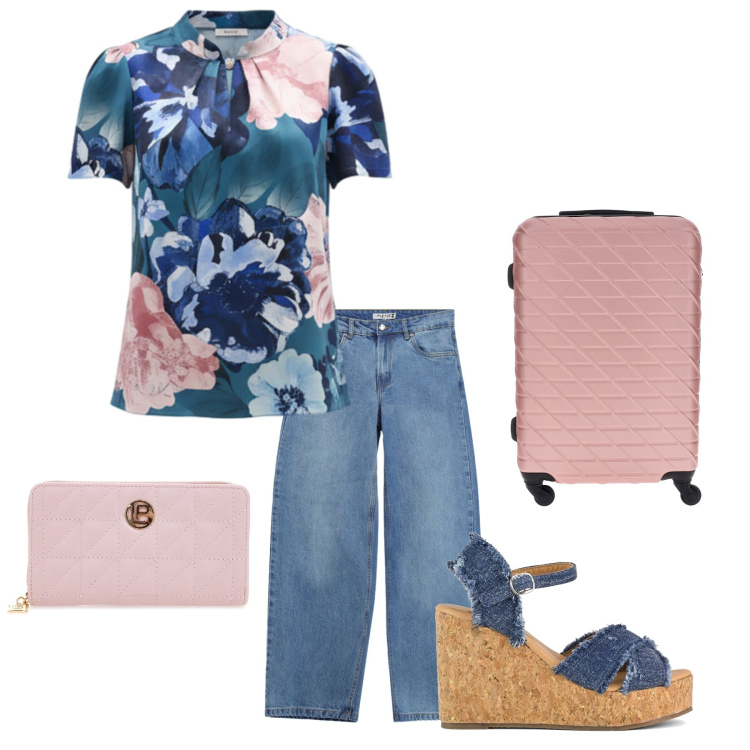 Outfit donna - Blusa e jeans pronta per partire. Stile Romantica per Scuola/Università. look ideale per Tall. Abbinamento con jeans, bluse, portafogli, zeppe, valigie.