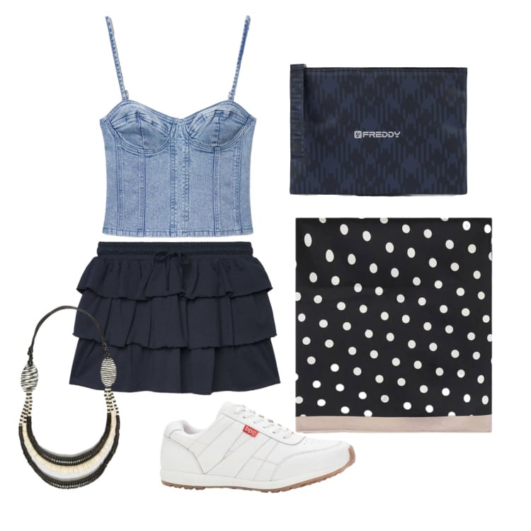Outfit donna - Maggio. Stile Trendy per Tutti i giorni. Abbinamento con sneakers, minigonne, top, foulard, clutch, collane.