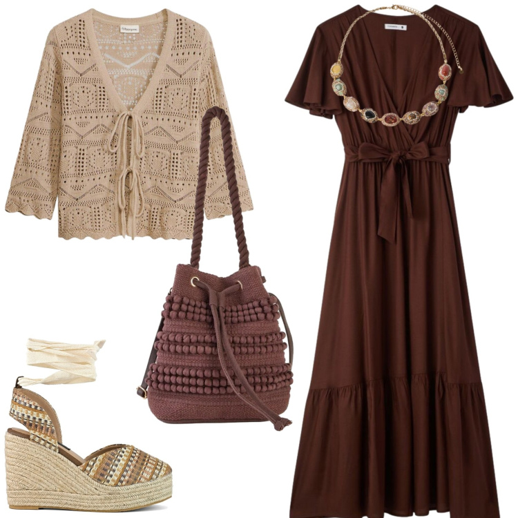 Outfit donna - Un outfit romantico. Stile Romantica per Tutti i giorni. Abbinamento con cardigans, borse a secchiello, vestiti lunghi, collane, zeppe.