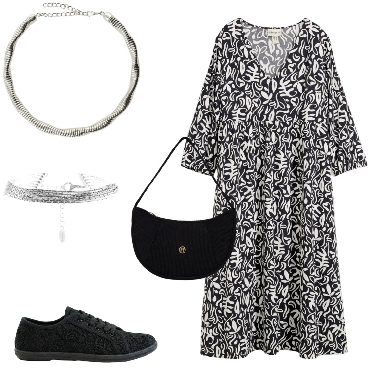 Outfit donna - Casual e femminile. Stile Casual per Tutti i giorni. Abbinamento con vestiti midi/longuette, sneakers, collane, braccialetti, borse a mano.