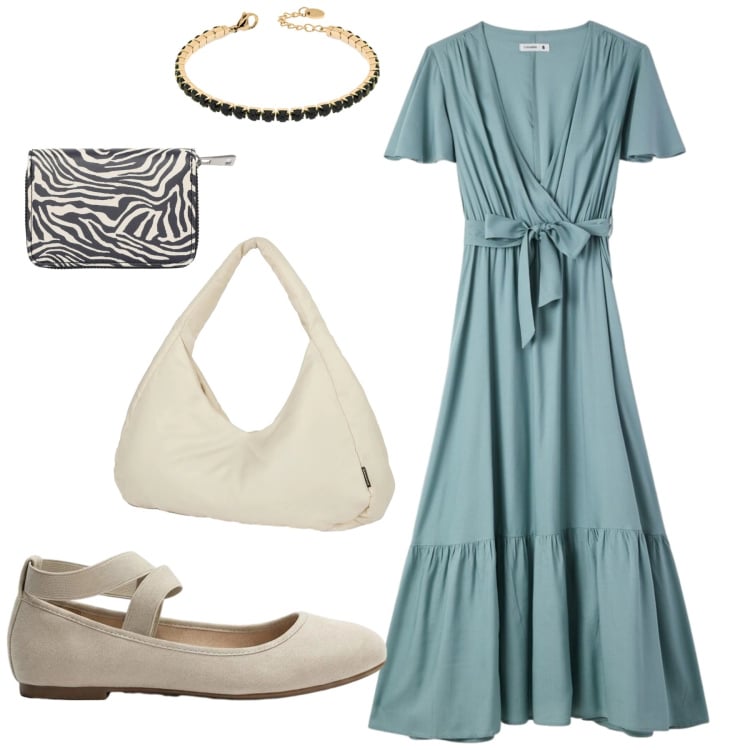 Outfit donna - Total look #2407440. Stile Bon Ton per Serata fuori. Abbinamento con ballerine, vestiti lunghi, portafogli, braccialetti, borse a spalla.