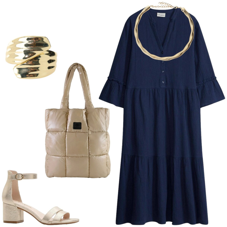 Outfit donna - L\'outfit primaverile basic. Stile Basic per Tutti i giorni. Abbinamento con vestiti chemisier, sandali col tacco, anelli, collane, shopping bag.