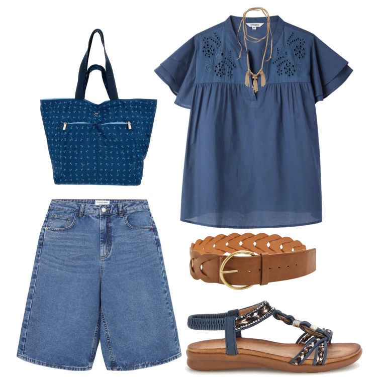 Outfit donna - Denim corto e blusa. Stile Casual per Tutti i giorni. Abbinamento con cinture, bermuda, bluse, collane, sandali, shopping bag.