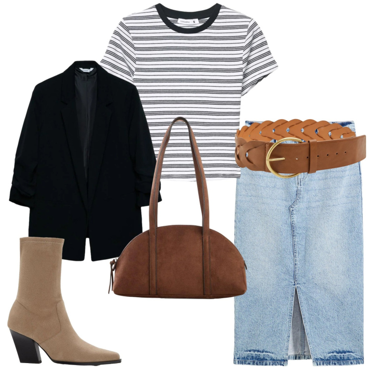 Outfit donna - Un outfit in primavera. Stile Casual per Tutti i giorni. Abbinamento con gonne longuette, stivaletti, borse a tracolla, cinture, blazer, t-shirt.