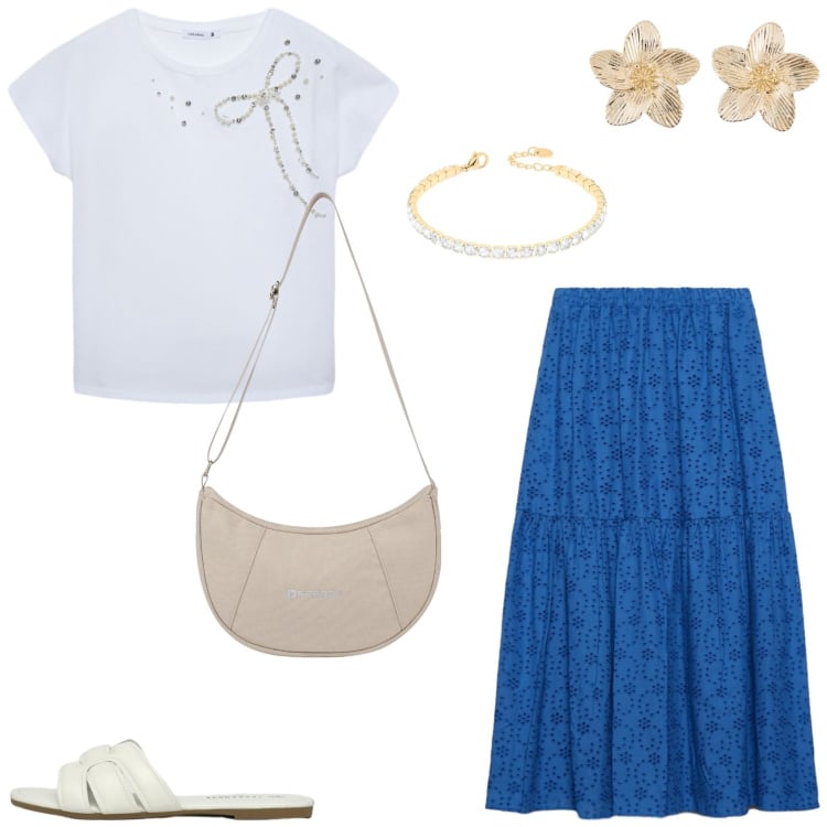 Outfit donna - Un outfit romantico. Stile Romantica per Tutti i giorni. Abbinamento con orecchini, gonne lunghe, t-shirt, ciabatte, borse a spalla, braccialetti.