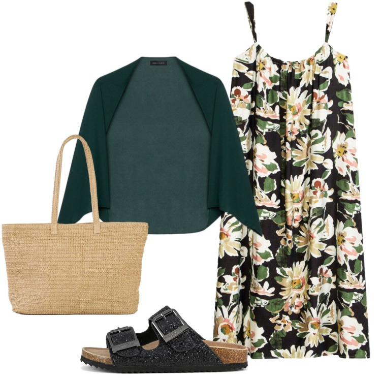 Outfit donna - Pranzo all’agriturismo. Stile Casual chic per Tutti i giorni. Abbinamento con shopping bag, vestiti midi/longuette, blazer, sandali.