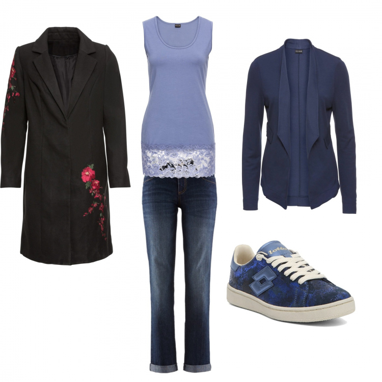 Outfit donna - Casual blue. Stile Basic per Tutti i giorni. Abbinamento con jeans dritti, top con pizzo e scollo in maglina, borse a tracolla, cappotto con ricamo e bottoni nero, sneakers sport effetto metallizzato blu.